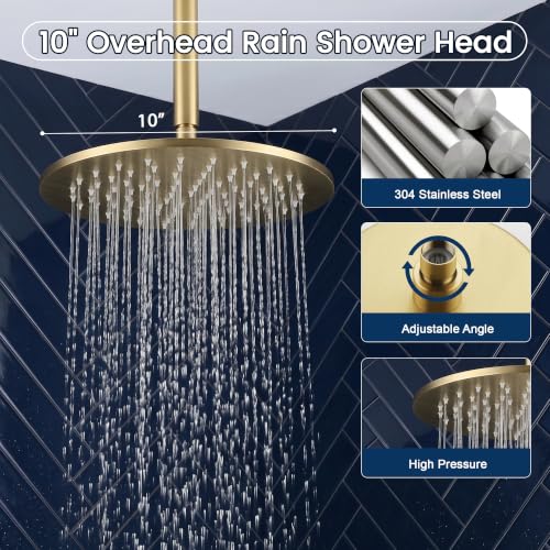 Juego de Ducha Rain Shower System, Set de Grifería en Oro Cepillado con Ducha de Mano 2 en 1, Cabezal de Ducha Doble de Lluvia, Montaje en Techo con Cabezal de Ducha de 10" y 6" de Pared, Diverter de Botón Pulsador miniatura 5