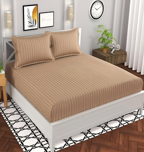 Image of 220 Cotton Feel Glace Cotton Double Bedsheet with 2 Pillow Cover (90x90 inch) Beige
