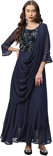 Cottinfab Embellished Bell Sleeves Layered Georgette A-Line Maxi Dress