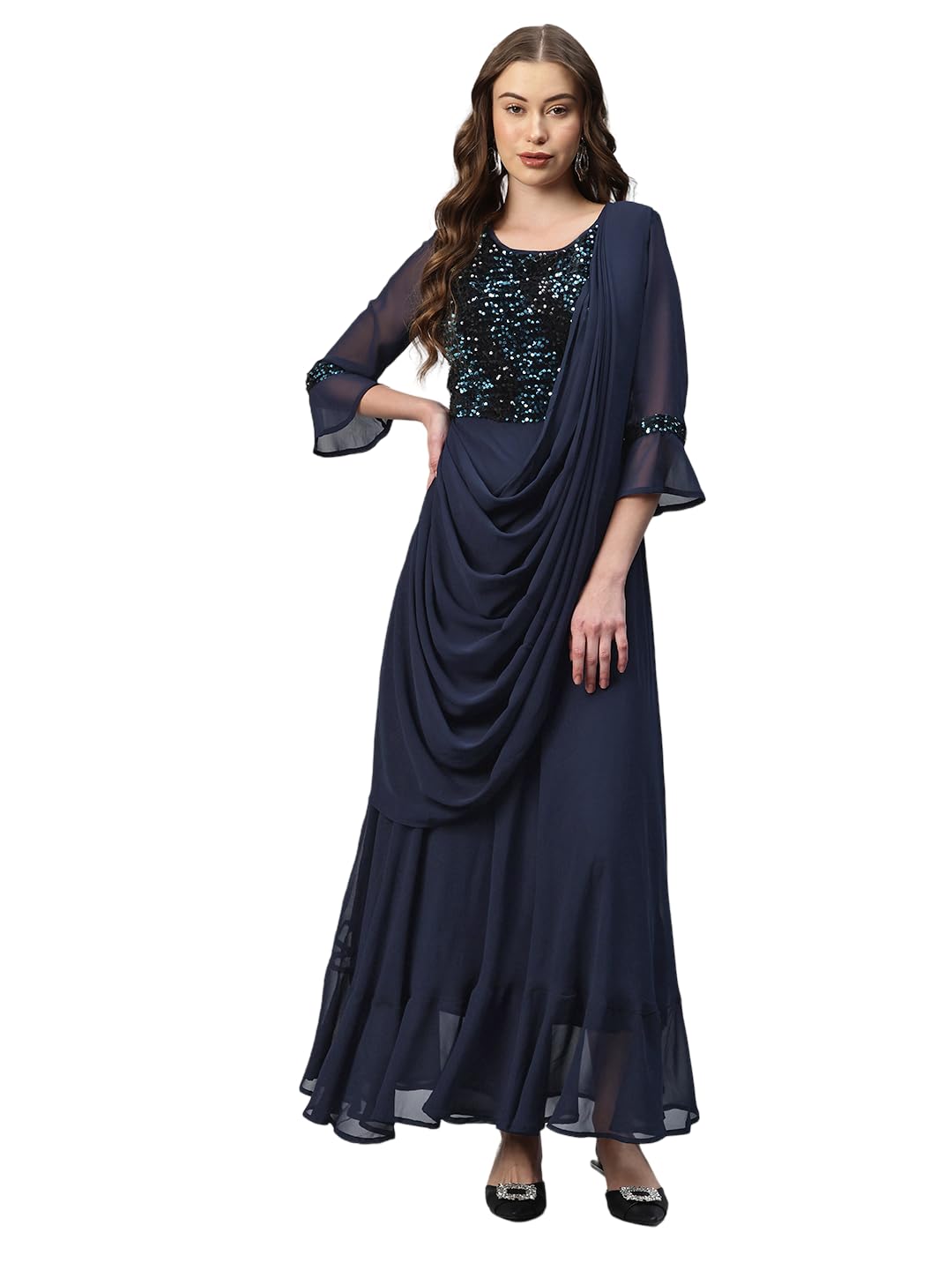 Cottinfab Embellished Bell Sleeves Layered Georgette A-Line Maxi Dress - Review, Price and Buying Guide