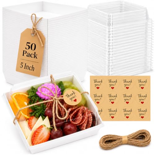 50 Pack 5in Small Charcuterie Boxes with Clear Lids, Mini Paper Containers