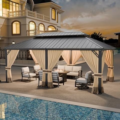 ASJMR 12x20ft Hardtop Gazebo Double Roof, Outdoor Pavilion with 2-Layer Hard top Galvanized Iron Frame Garden Tent, Suitable for courtyards, backyards, Decks, and Grass Cover