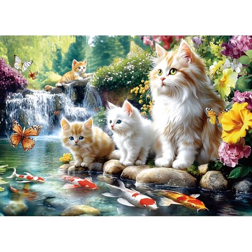 Serene Cat Garden 1000 Piece Jigsaw Puzzle for Adults, Waterfall Scene with Koi Fish and Butterflies, 27.56 x 19.69 Inch, Relaxing, Detailed Art for Solo or Social Puzzling