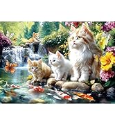 Serene Cat Garden 1000 Piece Jigsaw Puzzle for Adults, Waterfall Scene with Koi Fish and Butterfl...