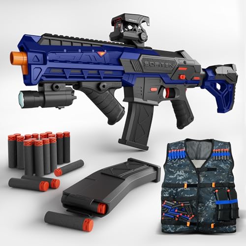 SOFITEN Automatic Toy Gun with Adjustable Scope, Electric Toy Sniper Rifle Foam Dart Blaster with Vest, Flashlight, Grip, Indoor Outdoor Shooting Games Gifts for Boys, Adults Birthday Christmas by SOFITEN - Used condition - US$64.39