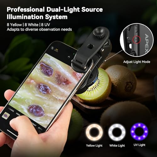 Image of APEXEL Phone Microscope Lens, 40x /80x /120x 3-in-1 Phone Micro Lens | With Universal Clip /CPL /16 LED /8 UV LED, Wheel Design, Pocket Portable Microscope for iPhone, Samsung & Android