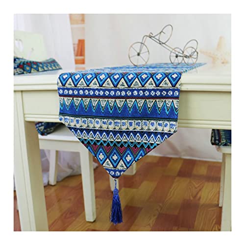 Chemin de table anti-plis en lin et coton bleu géométrique avec pompon