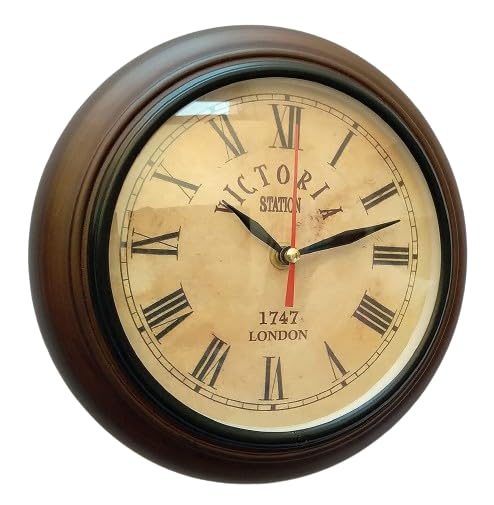 Image of A.M, HT Victorian Station-Inspired 8-Inch Wooden Wall Clock, Featuring Roman Numerals and Timeless Style