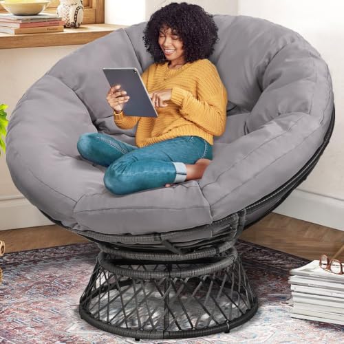 KROFEM 46"Oversized Rattan Papasan Chair,Grey Frame with Light Grey Cushion