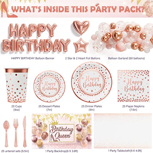 Ecomore White Rose Gold Party Supplies - 258 Pcs Girls Birthday Decorations & Disposable Dinnerware Set (Serve 25) With Happy Birthday Paper Plates Cups Napkins Banner Tablecloth Backdrop Balloons Kit #TOP1