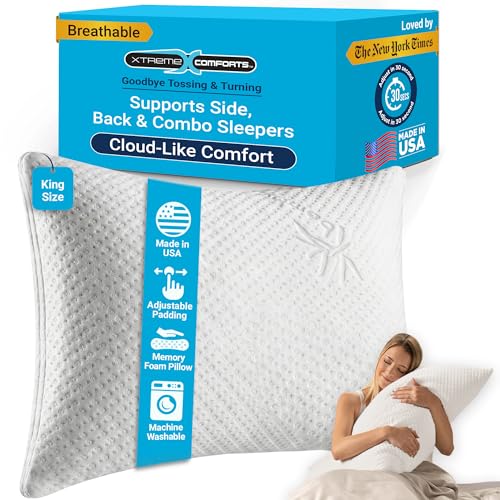 Xtreme Comforts Pillows for Sleeping - Adjustable King Memory Foam Pillow for Side, Back & Stomach Sleepers w/Removable Cooling Zipper Cover - Made in The USA