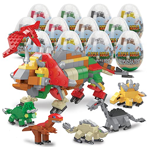 Filled Easter Eggs with Dinosaurs Building Blocks, 12PCS Eggs Toys for Kids,Party Suprise Toys in Basket Filler, Classroom Prize Toys