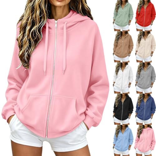 Zip Up Hoodie Women Sweatshirts Full Zip Hoodies Oversized Zippered Sweatshirt Jacket Long Sleeve Fall Winter Plus Size Plain Hooded Lightweight Sweatshirts Trendy Casual Fashion With Pockets Pink