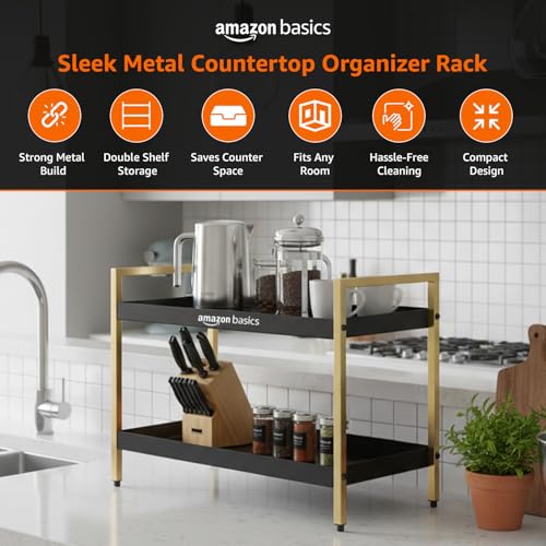 Image of Amazon Basics Modern 2-Tier Metal Organizer Rack for Kitchen, Bathroom, Living Room & Vanity | Black & Gold | Space-Saving Countertop Storage Shelf (20D x 40W x 30H cm)