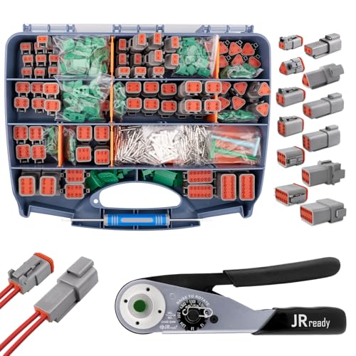 JRready DT Stecker Kit 604 PCS mit Crimpzange ACT-M202 (12-22AWG) Deutsch Stecker 2 3 4 6 8 12 polig IP68 Waterproof Größe 16 Terminal Kit 16-20 AWG Deutsch Removal Tool Repair Accessory