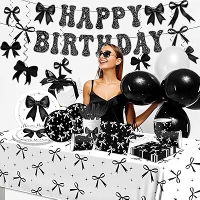 Black Bow Birthday Party Decoration Serve 24,Girl Coquette Birthday Tableware,Bow Happy Birthday Garland Banner,Disposable Plates,Napkins,Tablecloth,Cups for Bow Theme Party Supplies Decor