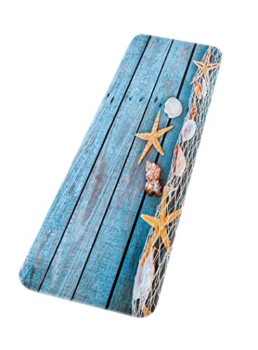A.Monamour Badematten Badteppiche Badvorleger Retro Blauen Holzfußboden Angeln Netz Muschel Muscheln Starfish Nautisch Thema Gedruckt Saugfähigen Flanell rutschfeste Dekorative Badematten Teppiche