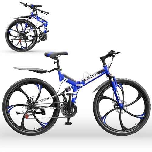 Image of Outroad 26 Inch Folding Mountain Bike, 21 Speed Full Suspension High-Carbon Steel MTB Foldable Bicycle, Dual Disc Brake Non-Slip Adjustable Seat Folding Bikes for Adults /Men /Women, Black, Orange