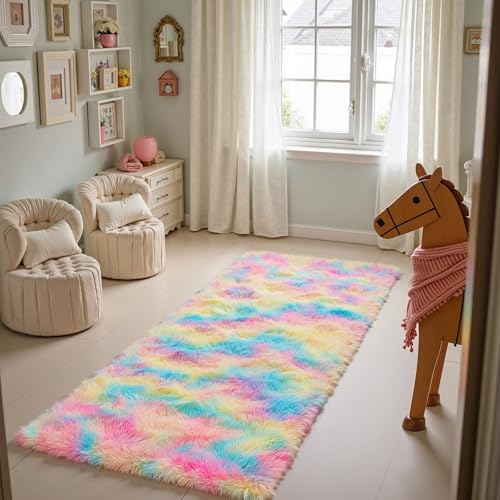 Zentavio Bedside Rugs for Girls Room 2x6 Runner Rugs for Hallway Bedroom Non Slip Fluffy Soft Shaggy Carpet for Kids Home Decor Aesthetic Dorm Nursery Rainbow