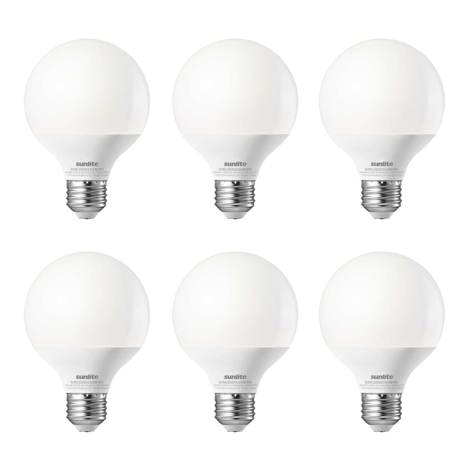 Sunlite G25 Globe Light Bulbs, 6W (60W Equi.), Medium E26 Base, 500 Lmns, Dimmable Round Type G Vanity LED Bulb, Frosted, 90 CRI, Title-20 Compliant, ETL Listed, 4000K Cool White, 6 Pack