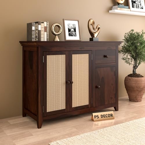 Image of PS DECOR Solid Sheesham Wood Sideboard Cabinet with Rattan Cane Doors & Storage Drawer | Multipurpose Storage Unit for Living Room & Dining Area (B-Walnut Finish)