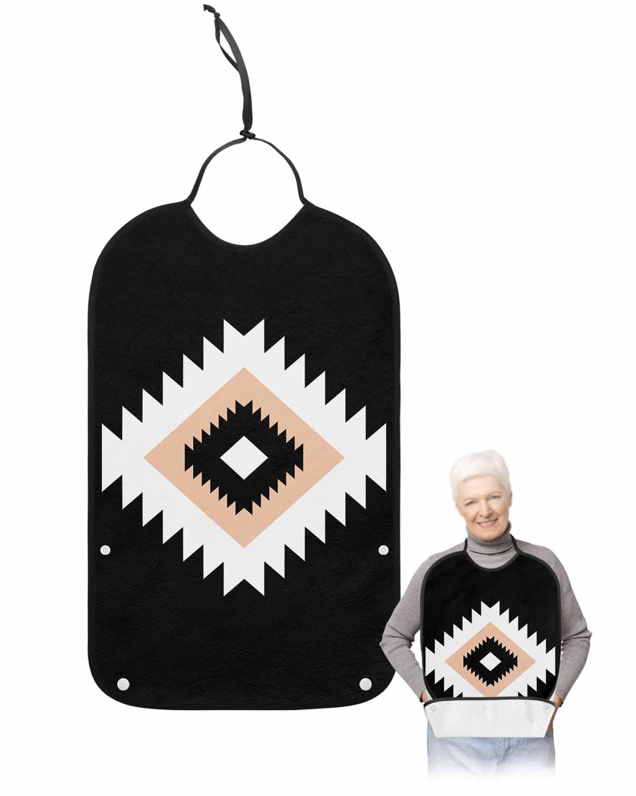LEOKOTI Black Southwestern Decor Adult Bibs for Eating, Waterproof Bibs with Food Catcher & Adjustable Snap Closure, Mexican Modern Geometric Washable Clothing Protectors Adult Bibs for Elderly