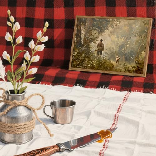 Image of Vintage Hunting Wall Art Cottagecore Country Wall Decor Picture Moody Forest Landscape Poster Painting Canvas Prints for Bedroom Living Room Farmhouse 8x10 inch Wood Framed