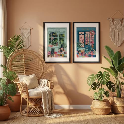 Image of NoWorries Illustration Art Frames for Wall Decor | Multicolor Framed Paintings with Synthetic Wood Frames for Cafe and Home Decoration | Laminated 300 GSM Prints, Set of 2 (Living Room & Bedroom)