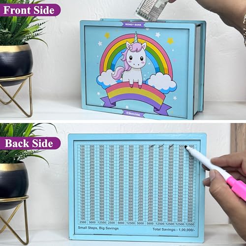 Image of Sketchfab Money Saving Box for Adult 100000, Wooden with Savings Tracker Bank Kids, Smart Piggy Bank, Box, Coin Box,Gullak Saver,Piggy Rs100000 Home Deal Gift Man, Women (Unicorn Blue)