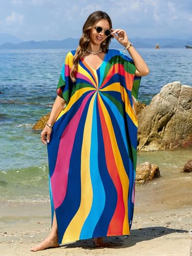 Image of sunforyou Kaftan Dresses for Women Plus Size Lightweight Swimsuit Cover up Batwing Sleeve Print Loungewear Beach Robe