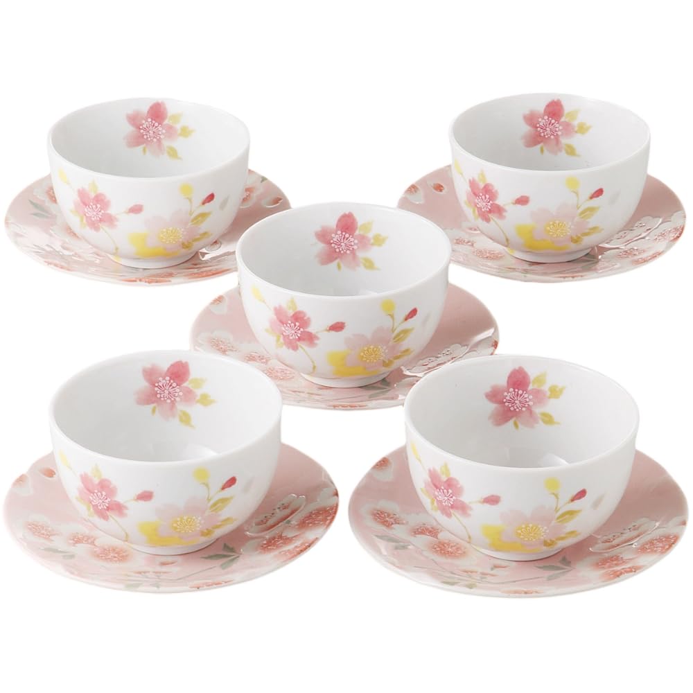 Mino Ware Yunomi Sencha Cup Set of 5 With Saucers Pink Porcelain Japan