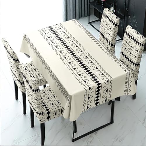Image of Styleys Dining Chair Covers with Rectangular Table Cover | Waterproof Dining Table Cloth for Kitchen & Dining Room - 1 Table Cover + 4 Chair Cover, Black and Cream Tribal, XKFSZB-25A