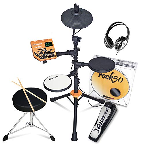 Carlsbro Rock50 Kids Electronic Drums – Childrens Electric Drum Set with Headphones, Stool & Drumsticks – Ideal Electric Drums for Beginners, 50 Lessons Included