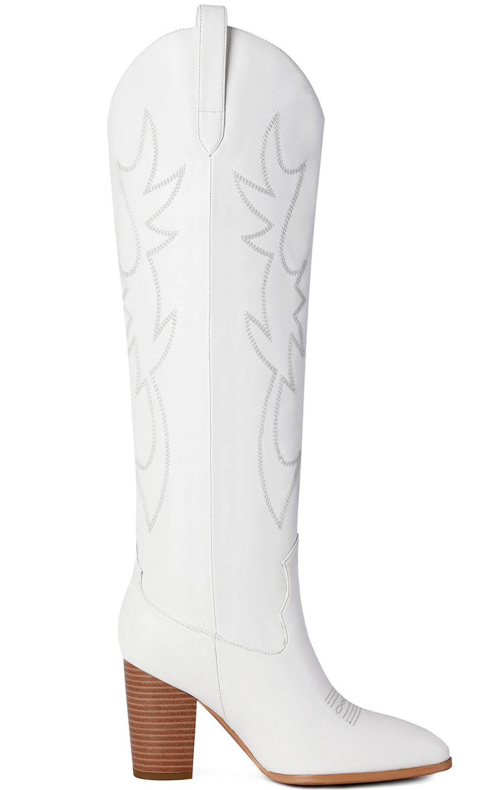 Mostrin Cowgirl Boots for Women Embroidered Cowboy Boots Pointed Toe Knee High Boots Chunky Block Heel Pull On Tall Western Boot for Ladies 8.5 White01