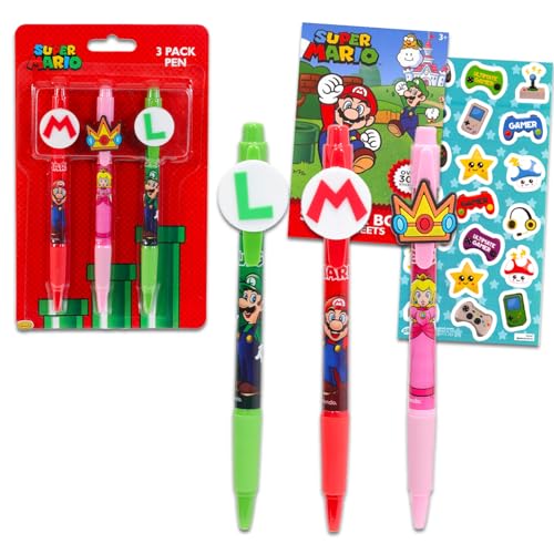 Set de Plumas Super Mario con Clips y Stickers, Pack de 3