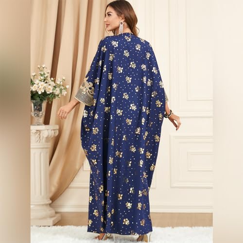 Image of OBEEII Muslim Dress for Women Loose Batwing Sleeved Hooded Beaded Embroidery Long Abaya Dress Kaftan Abayas Islamic Robe