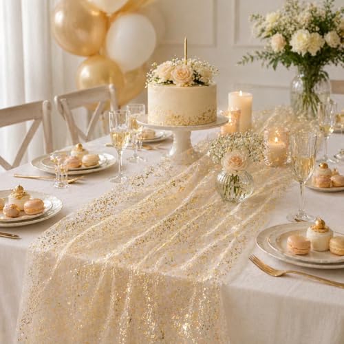 AIBAOBAO 10 Ft Gold Table Runner Sheer Chiffon Fabric Tulle Cheesecloth Golden Sequin Glitter Metallic Foil Party Runner Dining Table Decorations for Wedding Birthday Christmas Bridal Baby Shower