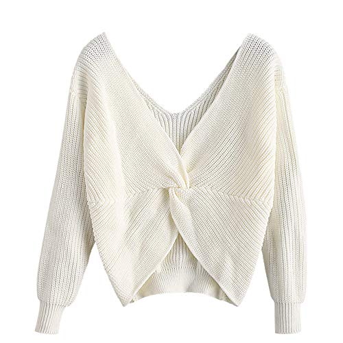 ZAFUL Maglioni Donna Sexy Elegant Annodato Spalla Scollo a V Profondo a Maniche Lunghe Primavera e Autunno (M, Bianco)
