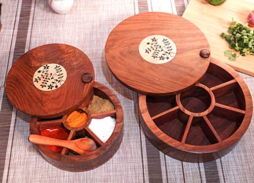 Image of Naayaab Craft Sheesham Wooden Masala Box With Spoon - Spin Round Design - 10 inch