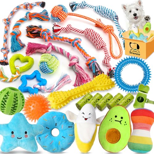 Zeaxuie 25 Pack Luxury Dog Chew Toys for Puppy, Dog Toys with Ropes, Treat Ball and Squeaky Puppy...