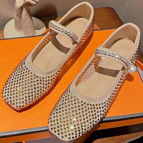 WENJIAZHIZHI Women's Pearl Mary Jane Flats Crystal Square Toe Ankle Buckle Dressy Ballets Flat Shoes Mesh Dress Ballerian Flats2