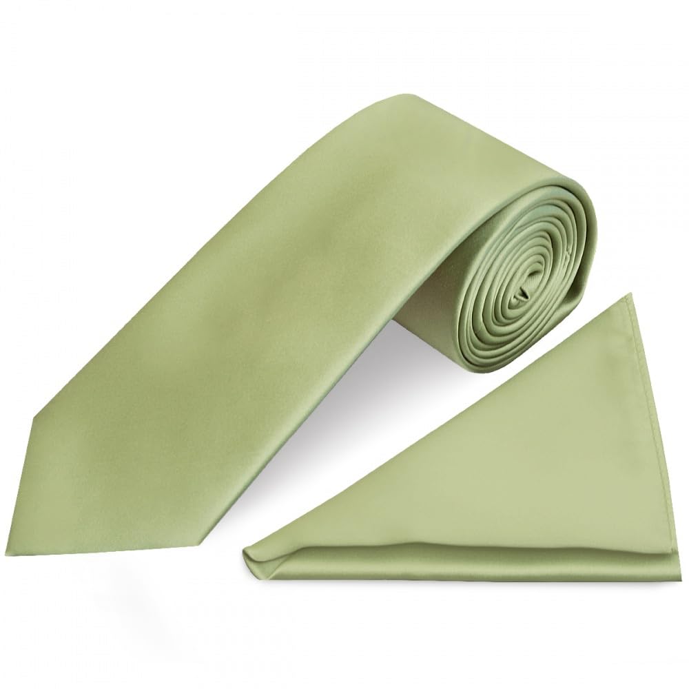Ties R Us Men's Sage Green Plain Satin Classic Tie And Pocket Square Set