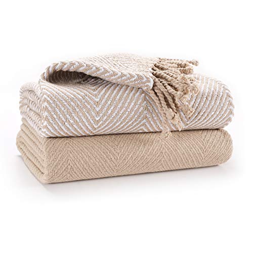 EHC Luxury Pack de 2 mantas de sofá individual de algodón Chevron, 125x 150cms - Beige