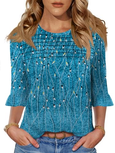 Blingfit Shirts for Women 3/4 Sleeve Spring Summer Tops Dressy Casual Floral Print Work Tops Pleated T-Shirts Elbow Sleeve Tunic Blouses L