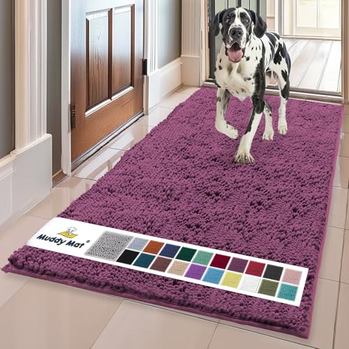 Image of Muddy Mat | Super Absorbent Door Mat Indoor, Microfiber Quick Dry Chenille Entryway Rug, Non-Slip Front Door Mat, Indoor Mats for Entryway, Machine Washable Pet Rug, Dark Purple 24 inch x 72 inch