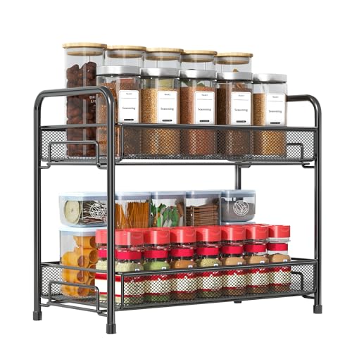 Comparison: Best Spice Rack For Countertop 7 Spice Rack Organizer for Countertop,Xpatee 2-Tier Foldable Metal Rust-Proof Standing Large Seasoning Storage Shelf with Guardrail and Mesh Design for Kitchen Cabinet Bathroom Living Room Pantry, Black
