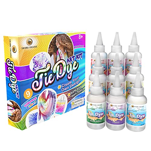 Desire Deluxe Tie Dye Kit – Farben Textilfarbe für Kleidung Permanent, Baumwolle – Kreatives Bastelset mit Farbpulver & Zubehör (9-Farben-Set)