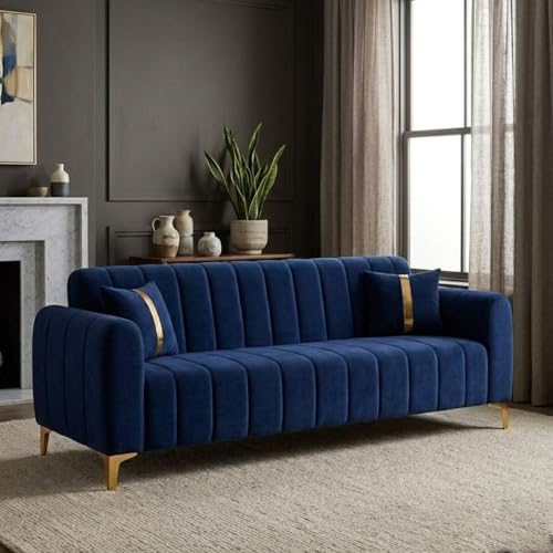 Image of FURNY Harmony 3 Seater Fabric Sofa Set & Golden Legs (Dark Blue) with Velvet Finish | Durable Comfort | Ideal for Living Room