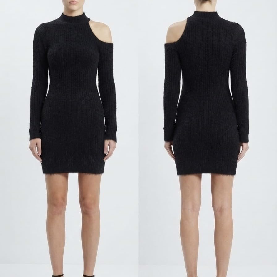 Image of Women Ribbed Knit Bodycon Dress with Asymmetrical Cut Out Neckline Premium Boutique Single Piece Long Sleeve Winter Midi Dress Unique One of One Limited Availability Grey