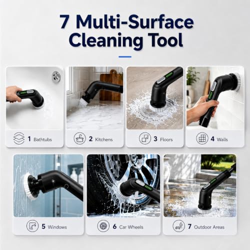 Image of Highyes Electric Spin Scrubber for Bathroom, IPX7 Waterproof Shower Scrubber with Extendable Long Handle, Bathroom Cleaning Scrubber with 7 Reusable Brush Heads (Black)